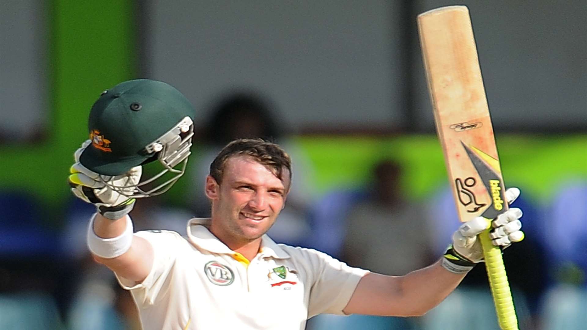 Phil Hughes celebrates a Test century for Australia. Picture: Lakruwan Wanniarachchi/AFP/Getty Images
