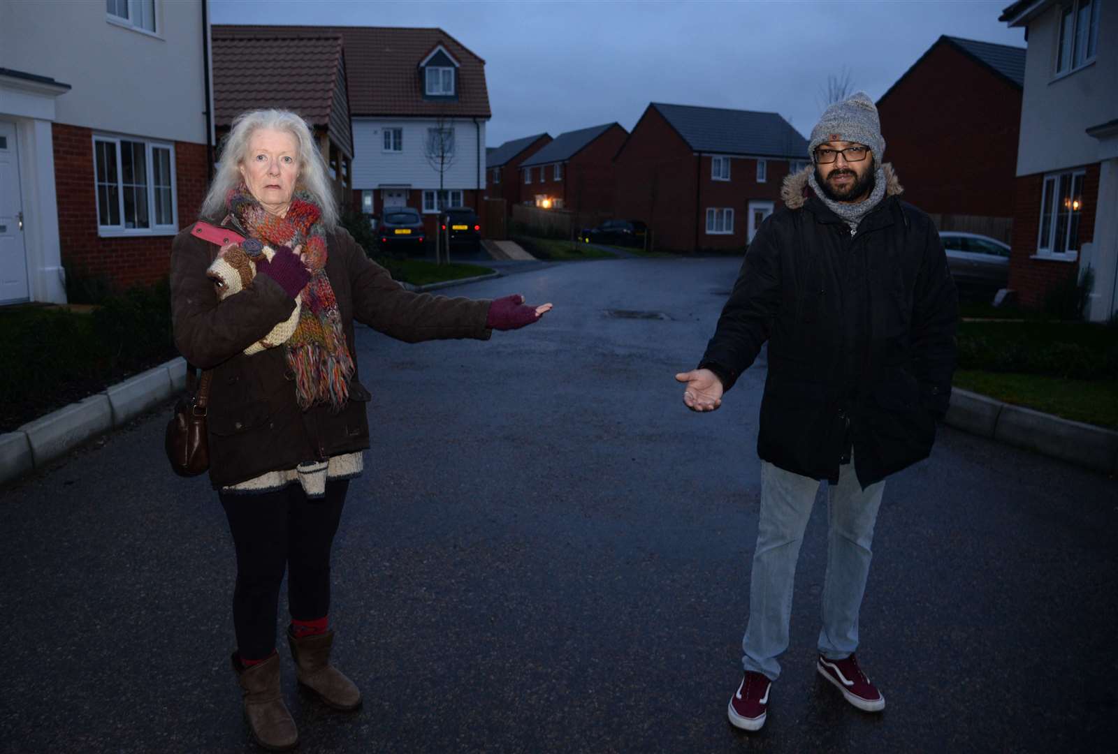 Cllr Linda Keen and resident Kunal Patel who are concerned about the lack of street lighting on the Persimmon Aylesham Garden Estate