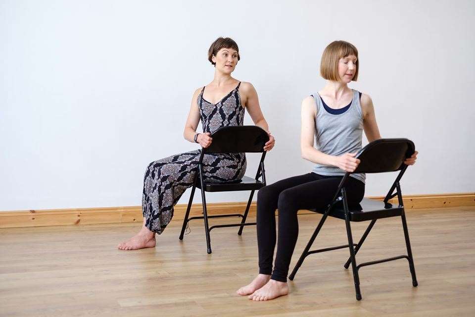 Hannah Rzysko (left) is holding online chair yoga courses. Picture: Joseph Bezuidenhout