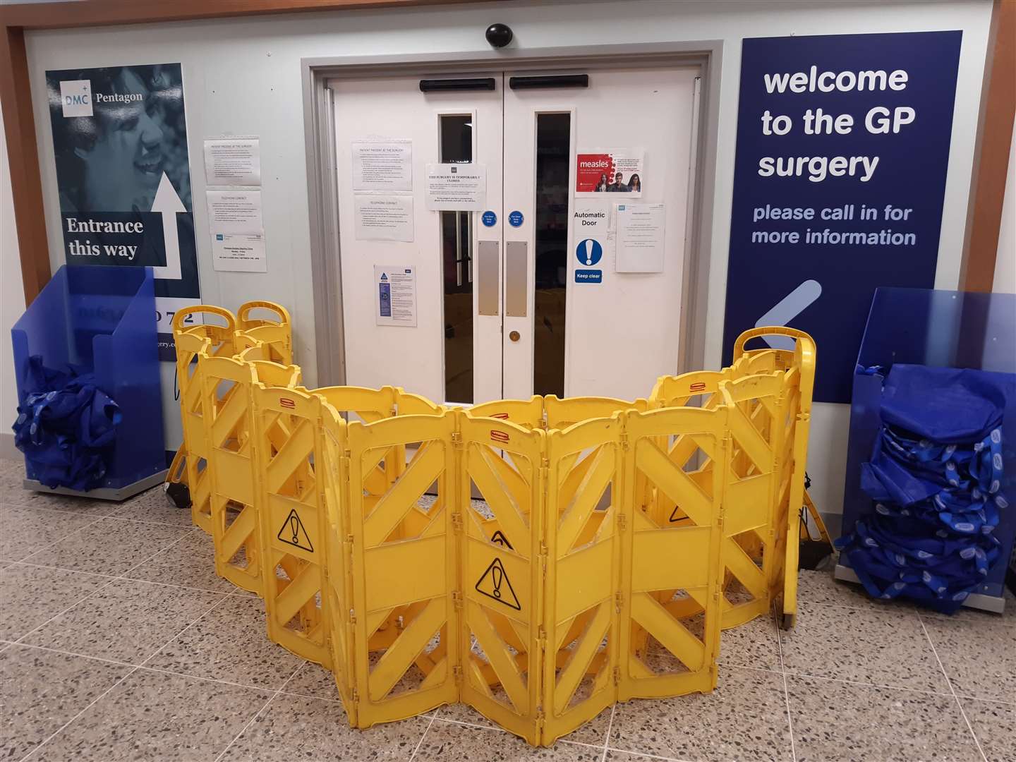 The blocked off entrance to DMC healthcare inside Boots at the Pentagon shopping centre, Chatham. A patient arrived at the surgery this morning displaying signs of coronavirus
