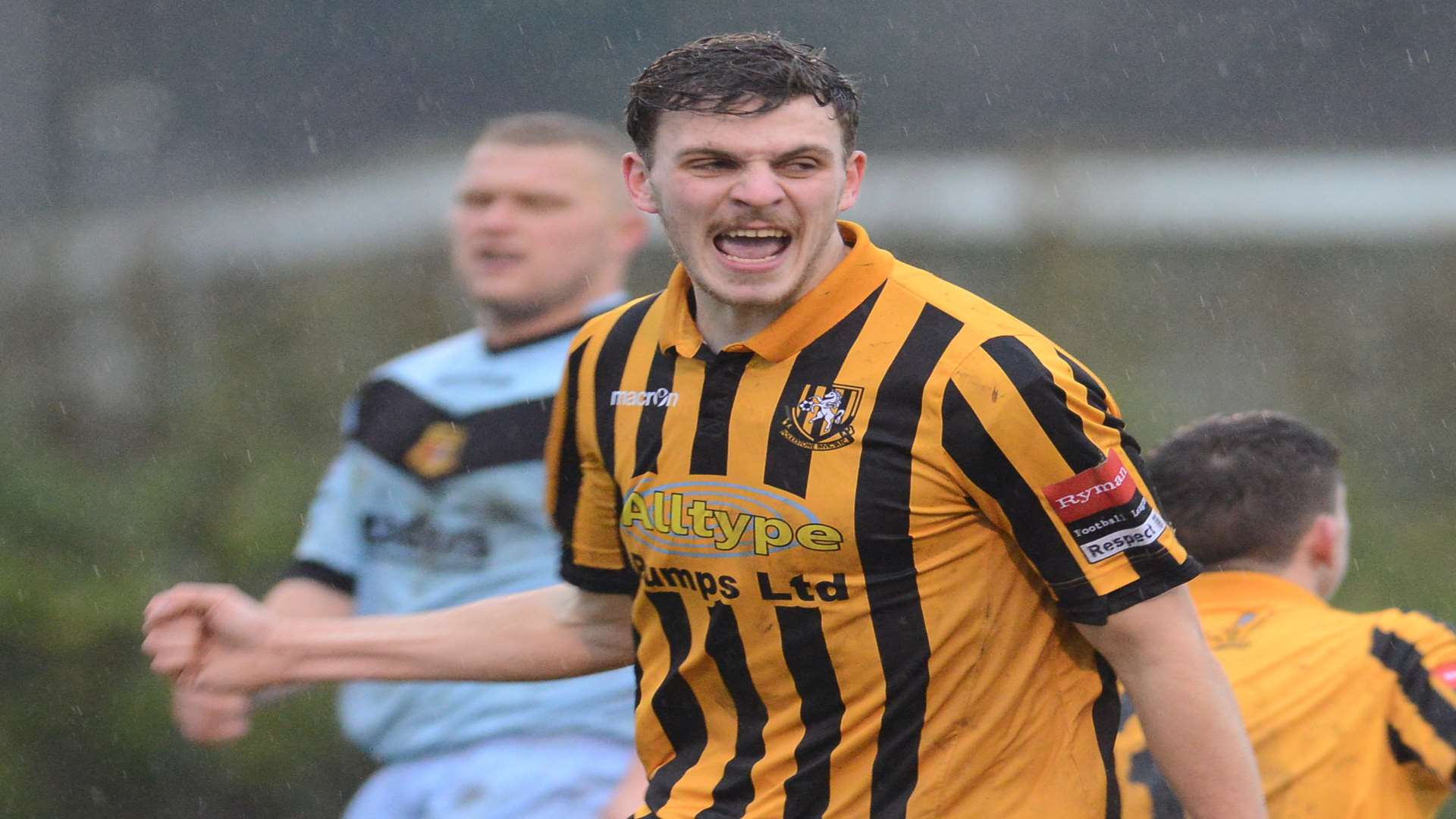 Harry Smith celebrates a goal for Folkestone Picture: Gary Browne