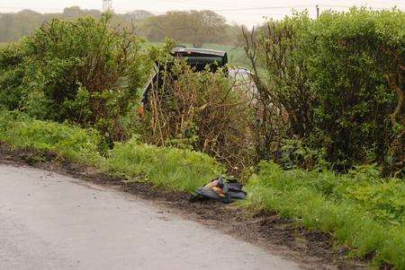 The BMW after a police chase which left the vehicle crashed in Aldington.