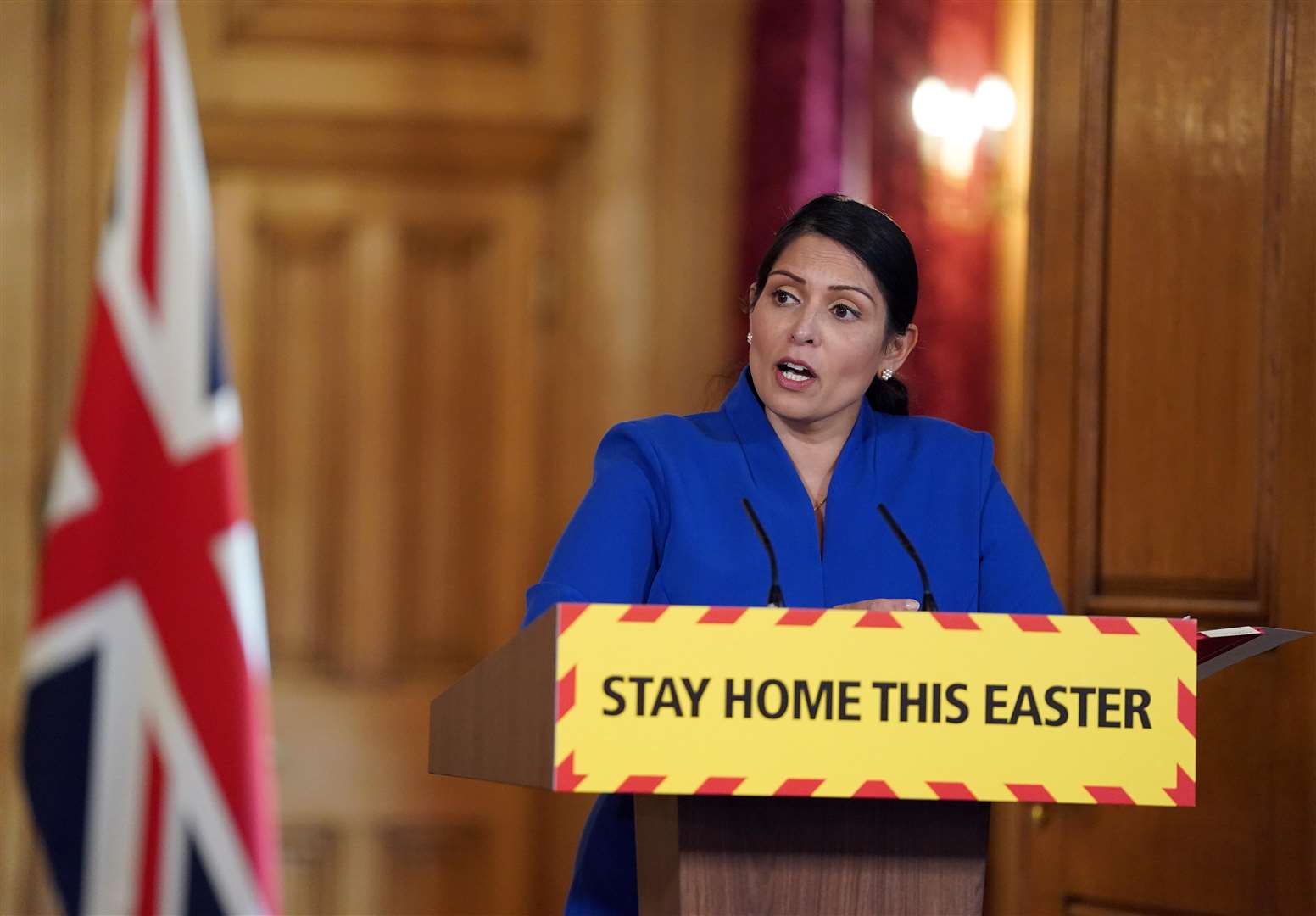 Home Secretary Priti Patel led the Government coronavirus briefing on Saturday, with questions arising about PPE (Pippa Fowles/10 Downing Street/Crown Copyright/PA)