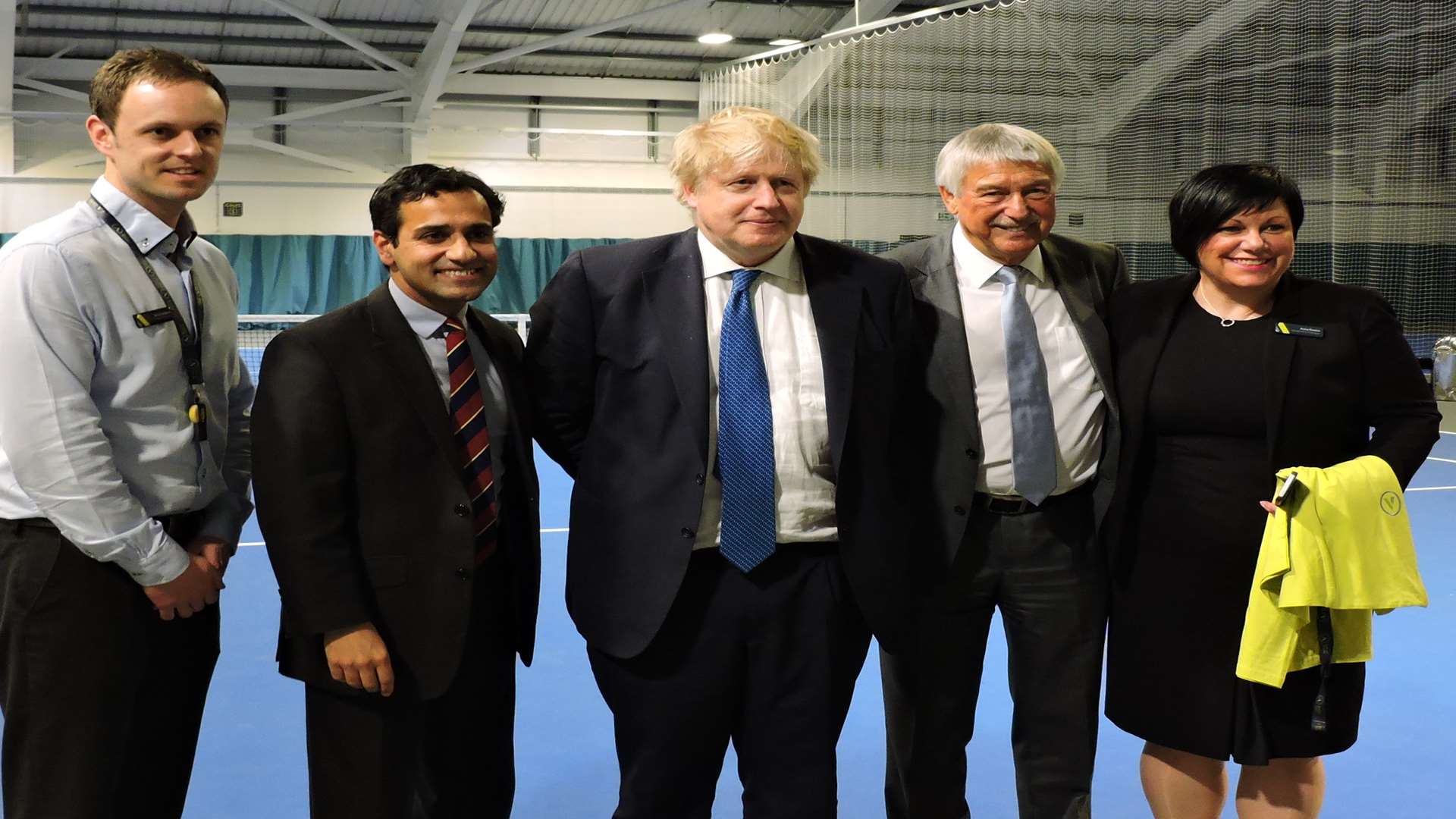 Staff at Avenue Tennis with MP Rehman Chishti, Boris Johnson and owner of the facility Colin Jarvis.