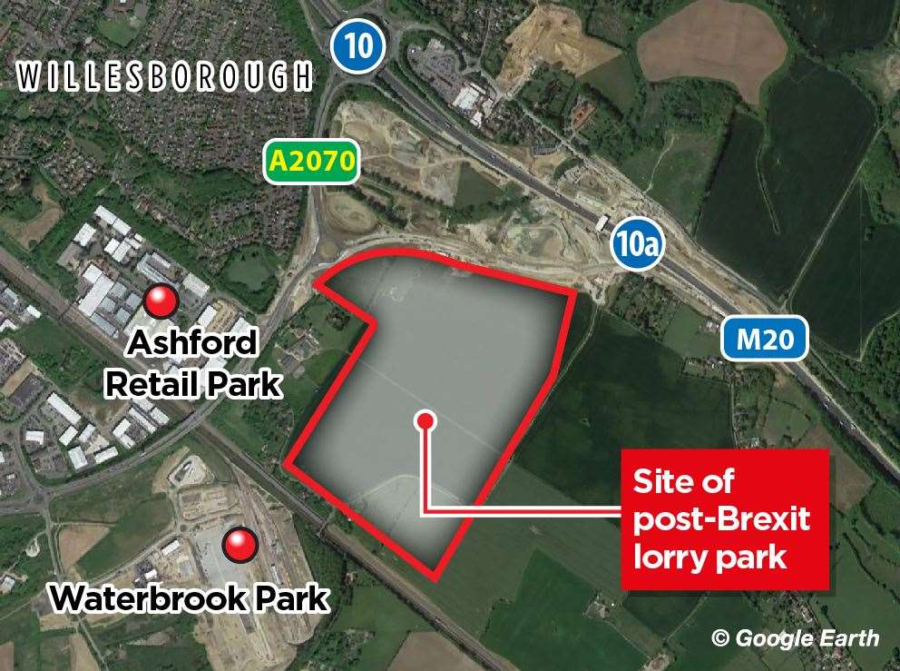 Where the post-Brexit lorry park has been built; Mersham is to the right of the facility