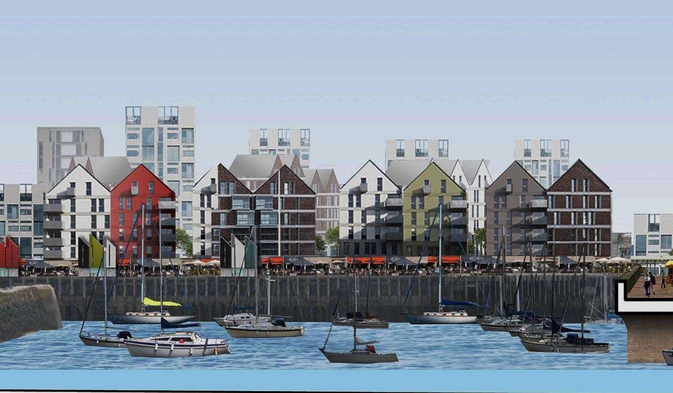 An artist’s impression of development planned for the harbour area in 2015; residents have described this scheme as “far more subtle”