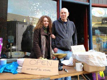 TABLE SALE: Gabi and Paul Gander have been selling stock in front of Sheppey Aquatics in Rose Street, Sheerness, after the arson attack in December