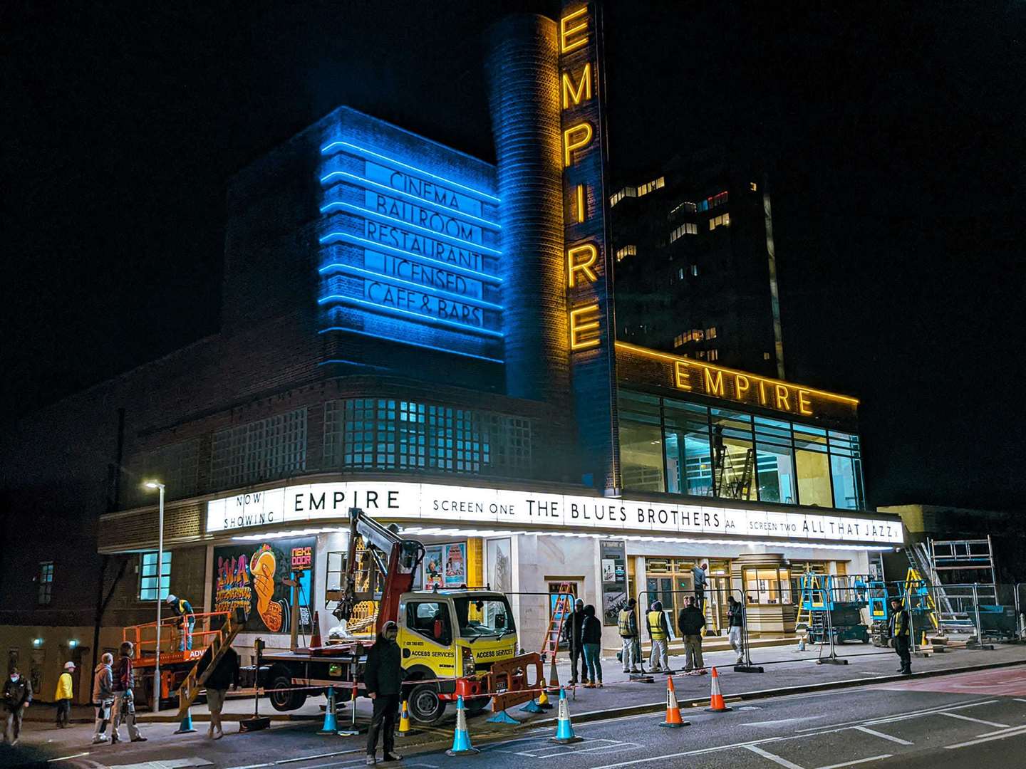 Dreamland lights up under the guise of the Empire cinema, for filming of the Empire of Light movie. Picture: Roy Foord