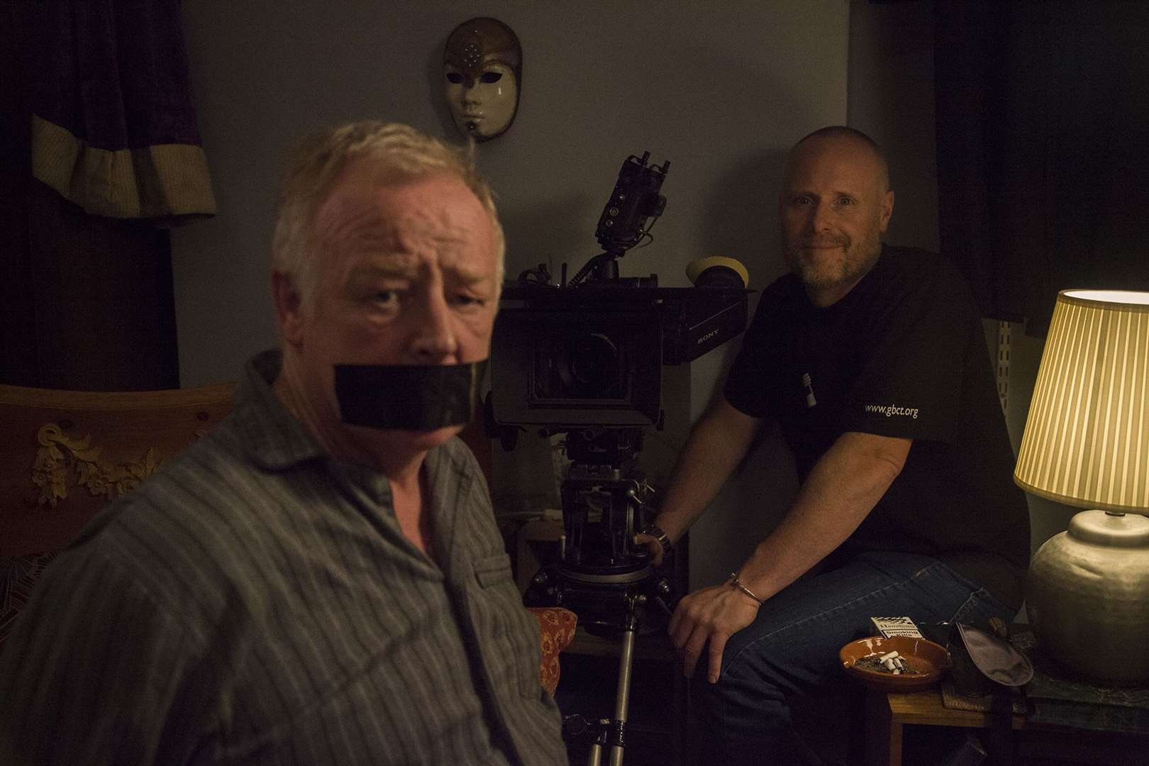 A gagged Les Dennis with Stephen shooting behind the camera. Picture: Stephen Brand