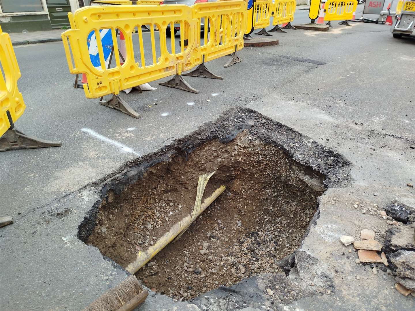 A patched-up pothole in Sandgate High Street has turned into a sinkhole. Picture: Tim Prater