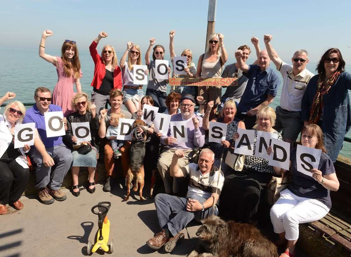 The SOS campaign group on Deal Pier protesting against the Dover Harbour Board's plan to dredge the Goodwin Sands.