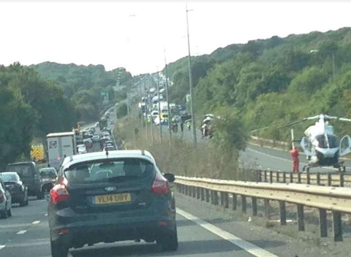 The scene on the A2 which shows two air ambulances