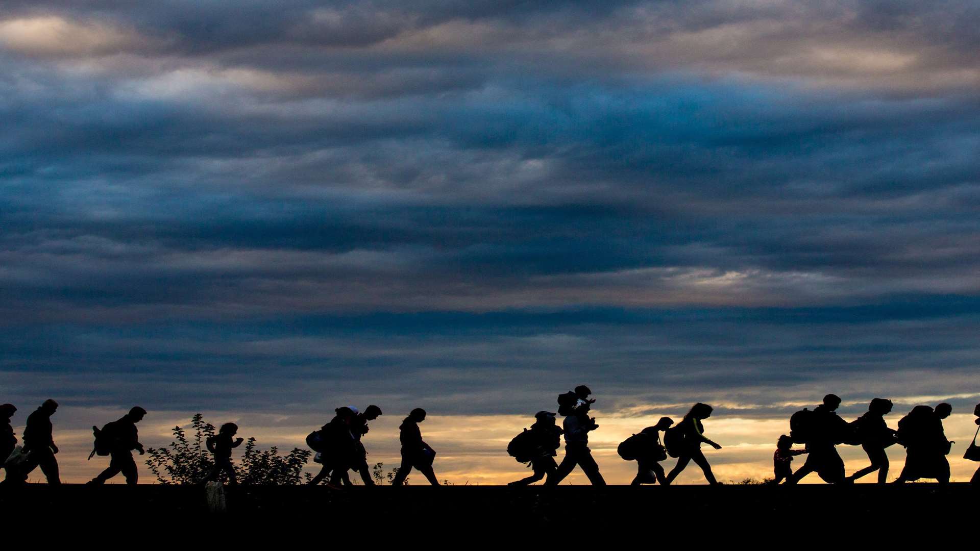 Migrants walk along a railway line after crossing the border into Roszke, Hungary, from Serbia. Picture: SWNS.com