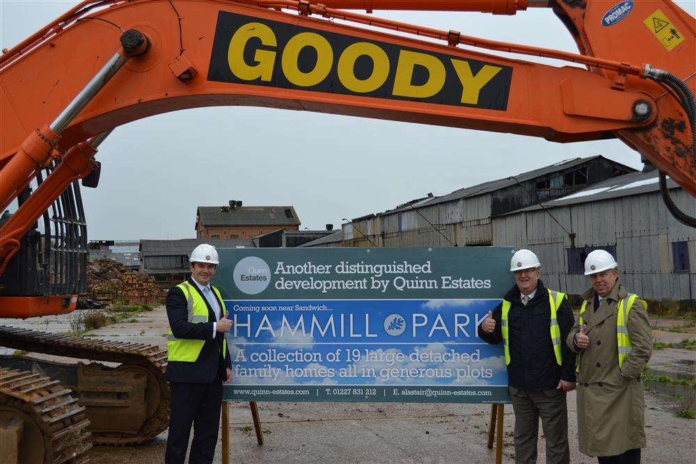 Hammill Brickworks will be turned into a new development with family homes and industrial units. From left, Quinn Estates' Mark Quinn, district council leader Cllr Paul Watkins and council head of inward investment Tim Ingleton