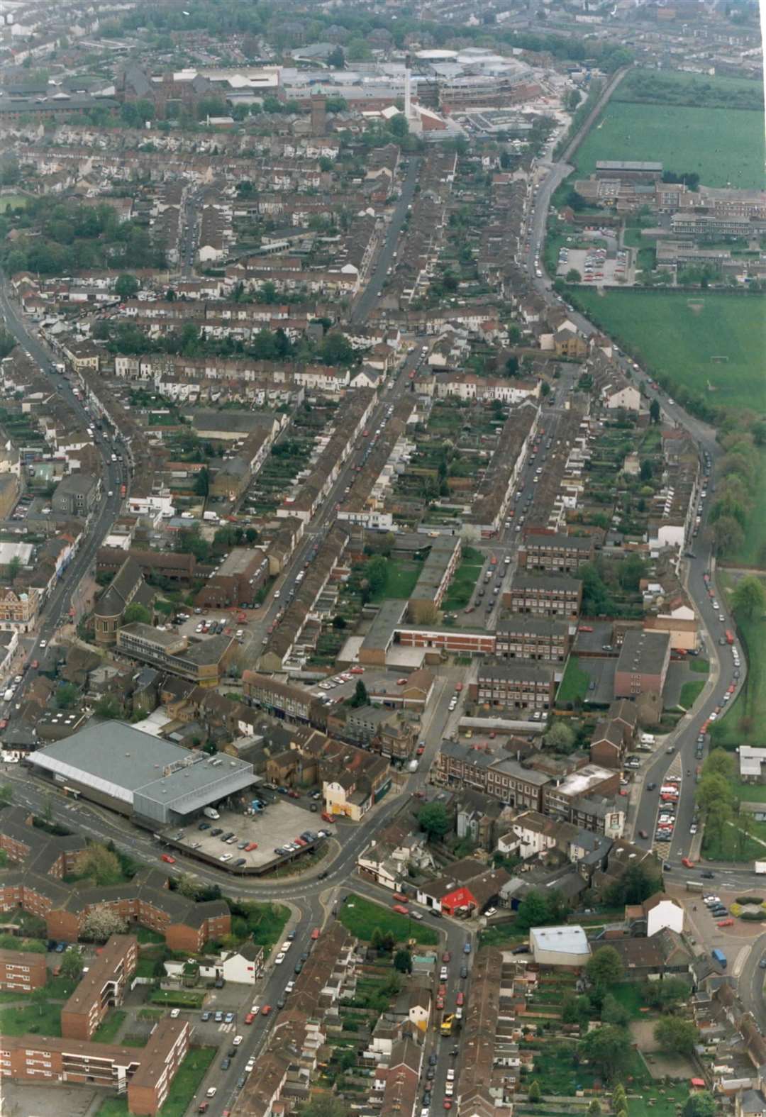 Gillingham town centre in April 1998, with the hospital at the top of the picture