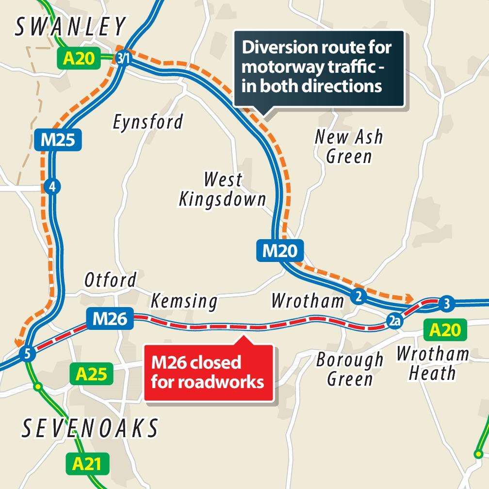 The diversion route faced by motorists around the M26 (4759482)