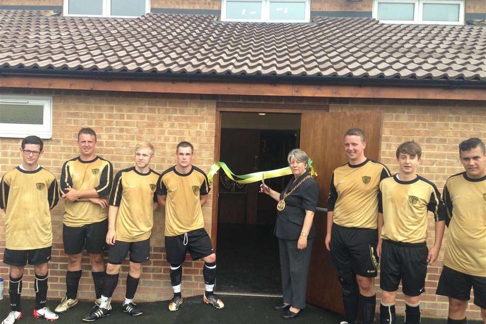 Players from Eastern Athletic FC with Mayor of Swale Cllr Sue Gent at the opening of new changing rooms
