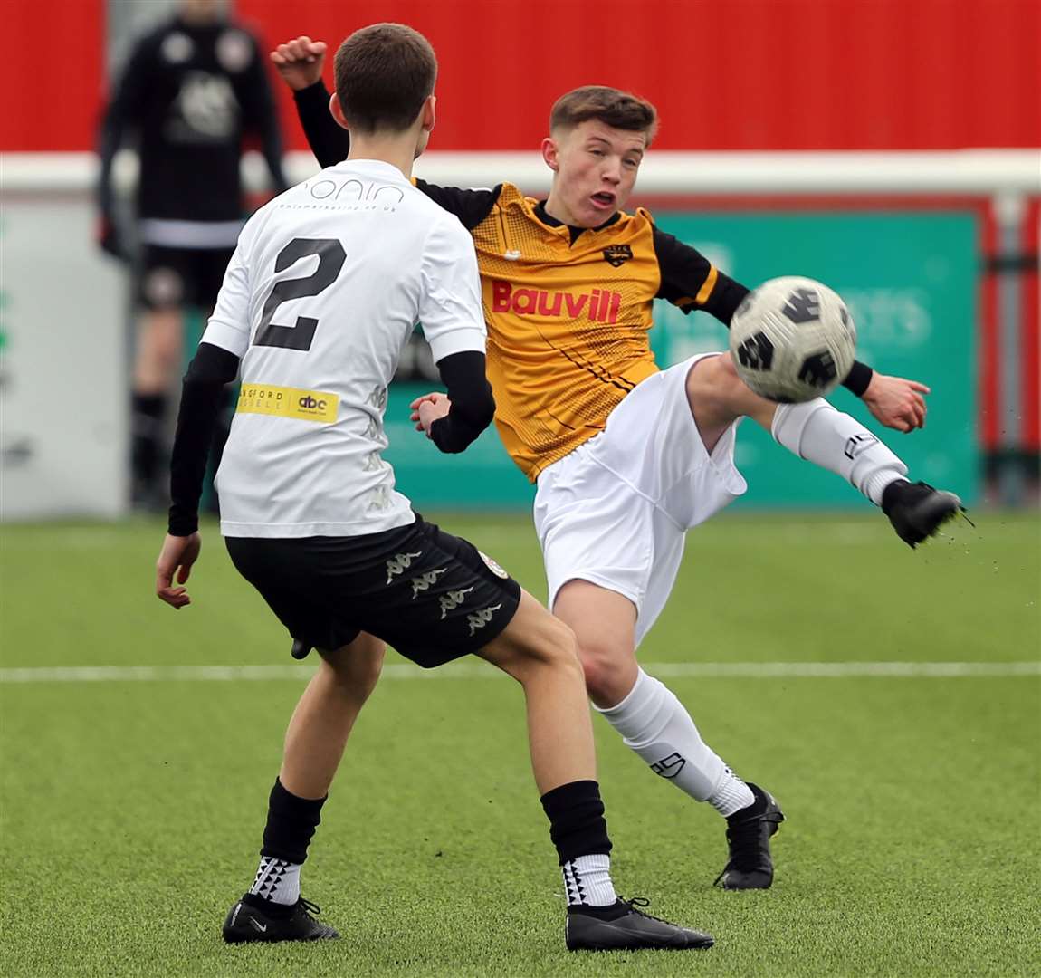 Action from the Kent Merit Under-15 Boys Cup Final between Bromley (white) and Maidstone United. Picture: PSP Images