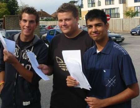 Norton Knatchbull students Sam Hunt, James Cooper and Arkham Karim open their results