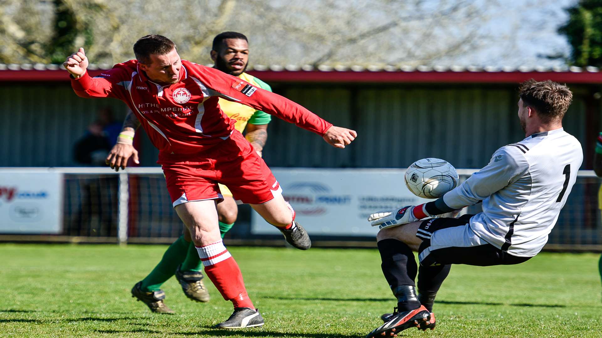 Shaun Welford goes close for Hythe against Walton & Hersham in April Picture: Alan Langley