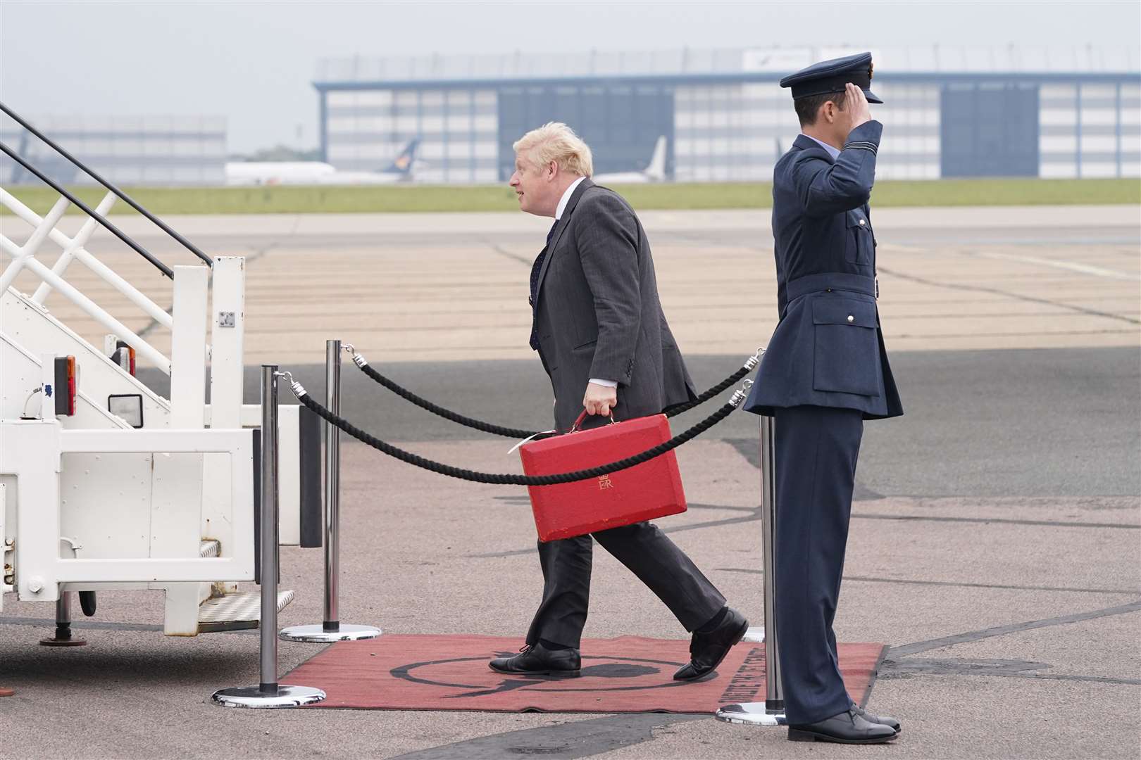 Boris Johnson at Stansted Airport (Stefan Rousseau/PA)