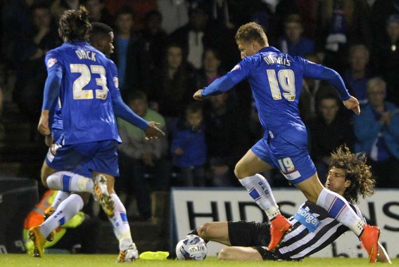 Luke Norris drives forward for Gillingham during the Capital One Cup game against Newcastle at Priestfield. Picture: Barry Goodwin