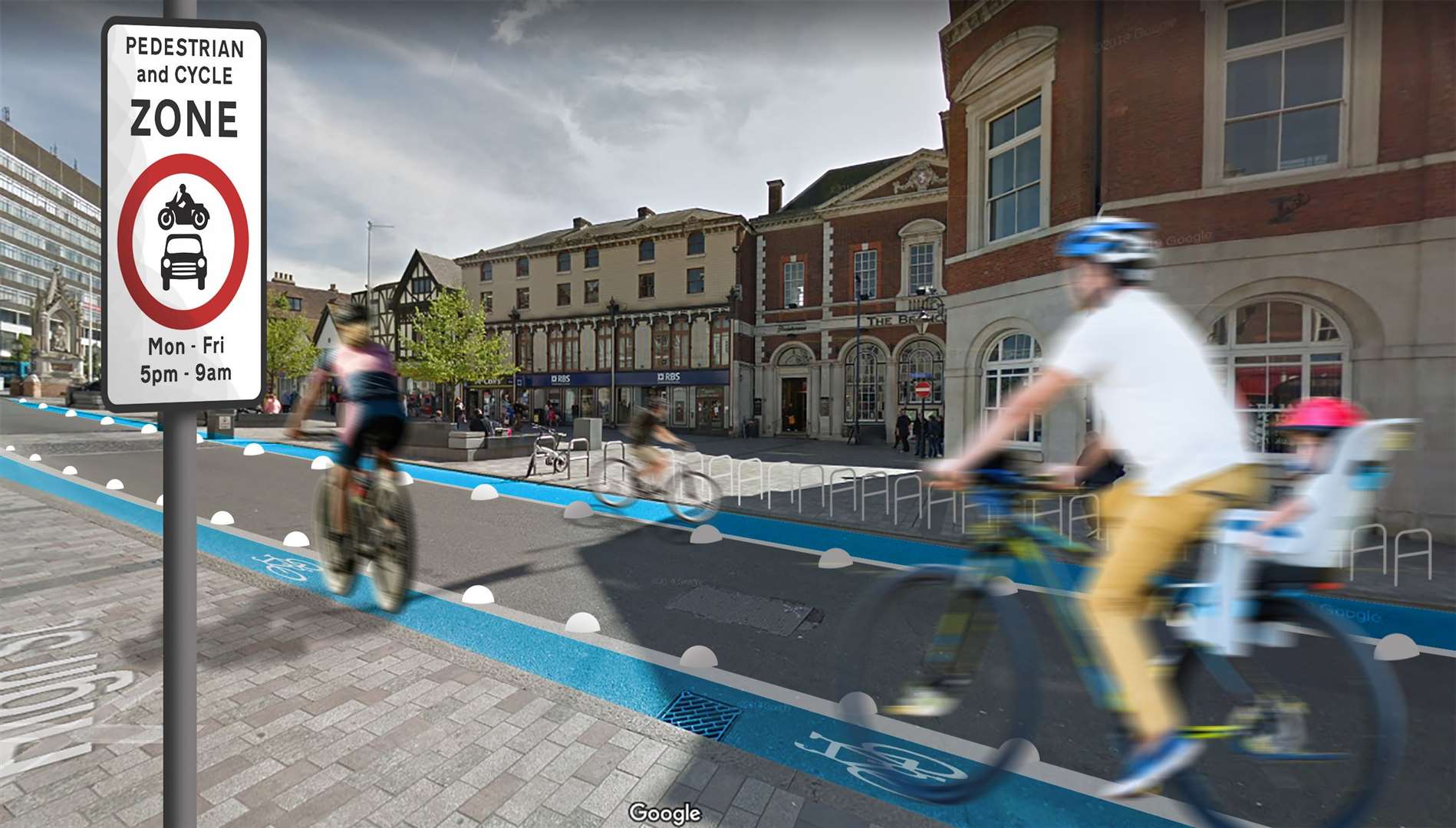 How Maidstone High Street could look in the future, with cycle lanes separated from road with bollards and traffic free zone for some hours of the day. (These changes are just an example and are not endorsed by the council).
