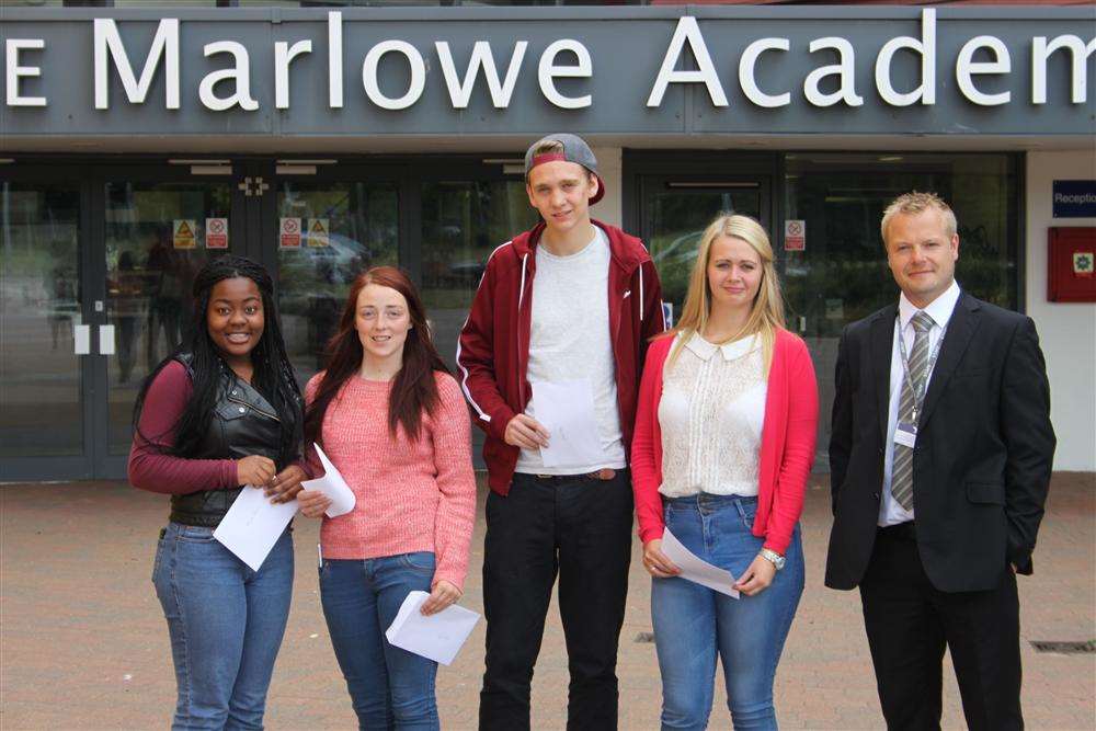 A great day for successful A-level students at the Marlowe Academy, from left Yolanda Moore, James Tong, Paige Kingston, Ellie Price and vice principal and sixth form director Will Pemberton.