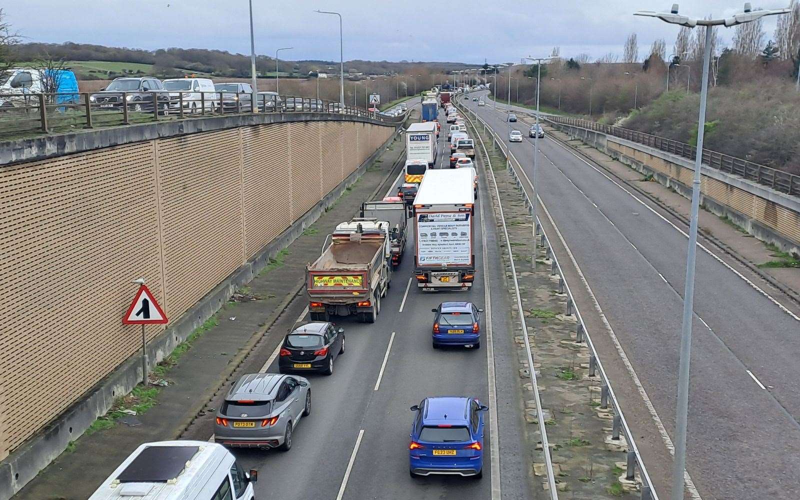 There are long lines of traffic on the A299 Thanet Way