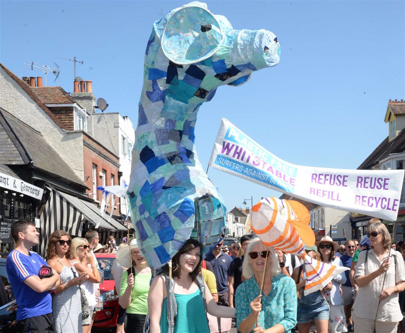 The giant seahorse from the Horsebridge Centre in the Whitstable Oyster Festival parade as it makes it's way through the town on Saturday. Picture: Chris Davey... (3192425)
