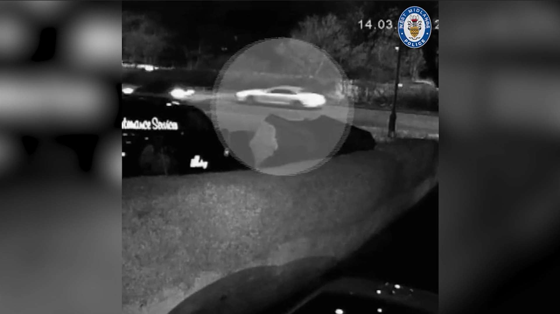 A screenshot taken from CCTV video of Hamza Shahid driving a white Bentley Continental car (circled) being followed by Mohammed Sullaiman Khan (West Midlands Police/PA)