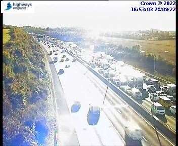 There's queuing traffic due to a crash on the M25 anti-clockwise before the Darenth Interchange. Photo: National Highways
