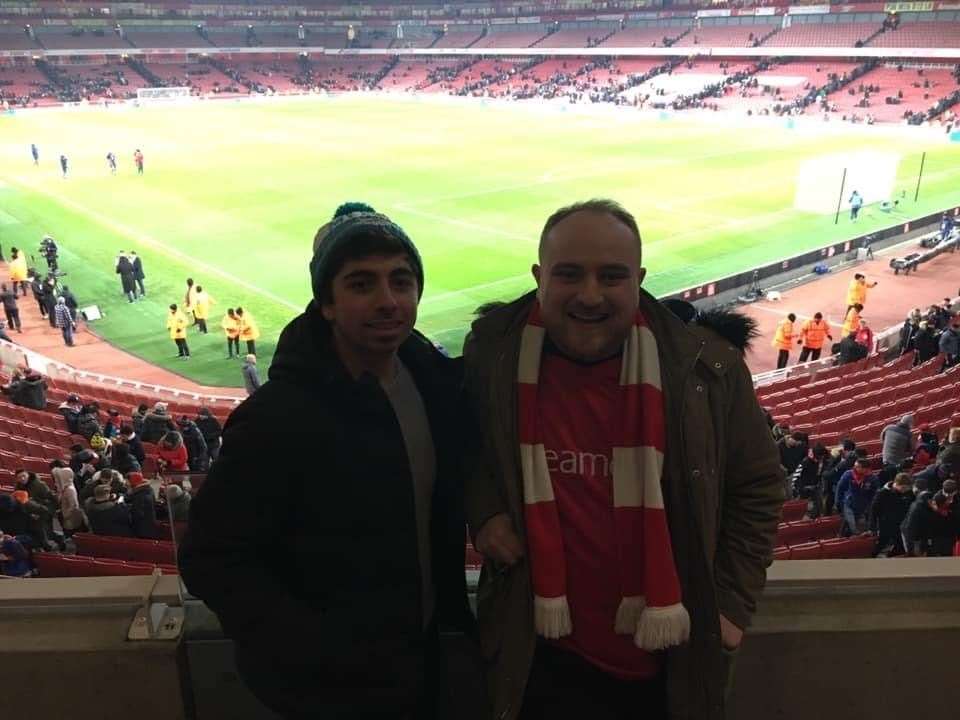 Matt Clewes (left) and Chris Milligan at an Arsenal v Chelsea game
