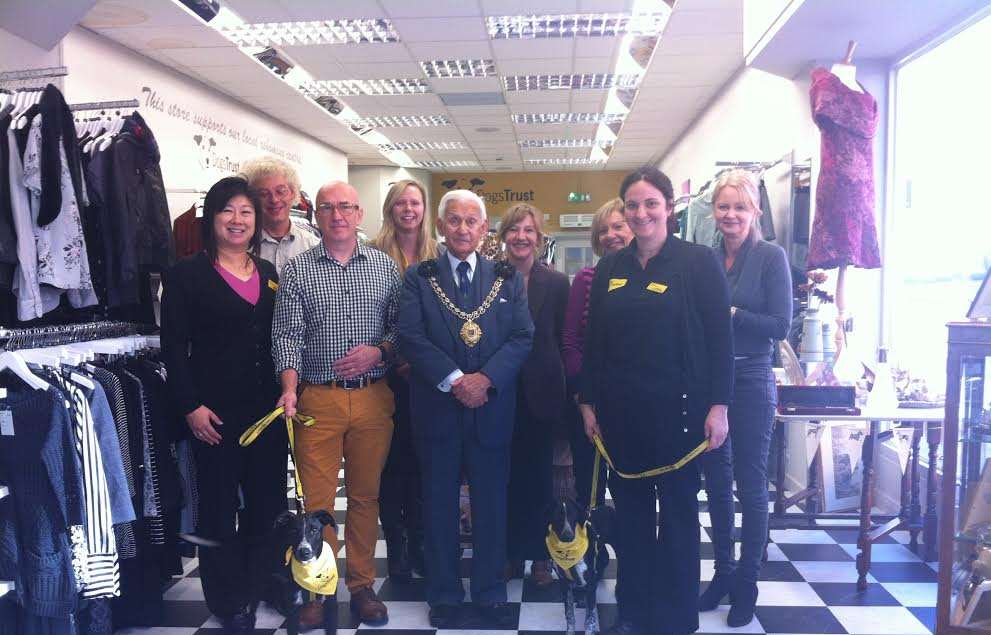 Mayor of Deal Cllr Deryck Murray with Dogs Trust staff before opening the Deal store