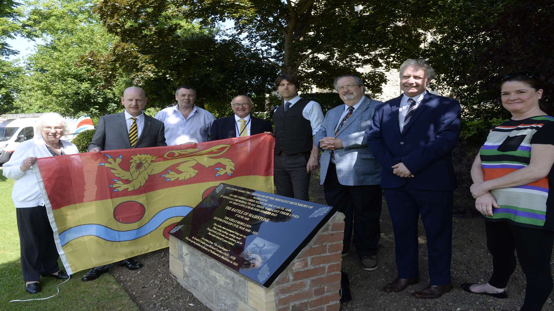 Cllr Fran Wilson, Cllr David Naghi, Ian Acott, Cllr Gordon Newton, Cllr Tony Harwood, Cllr David Pickett, Cllr Clive English and Rachael Hancock at the unveiling of the Battle of Maidstone Memorial on Thursday morning. Picture: Chris Davey FM4794957