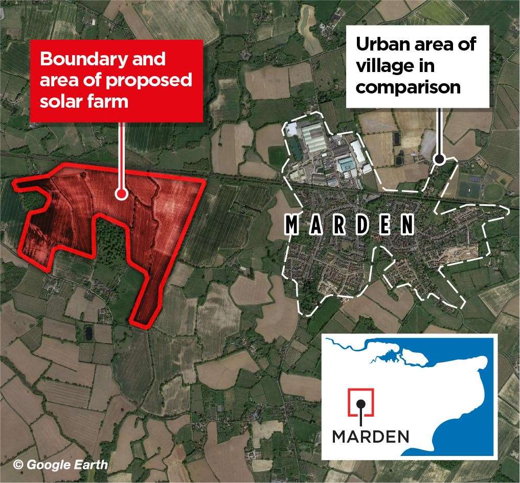 A comparison of the size of the Sheepwash Solar Farm to Marden village