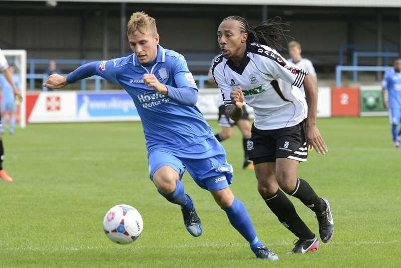 Dover scorer Ricky Modeste takes on the Weston defence (Pic: Martin Apps)