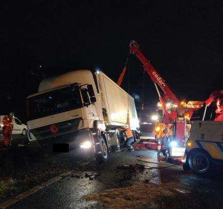 Work to remove the lorry from the motorway is taking place. Picture: Highways England
