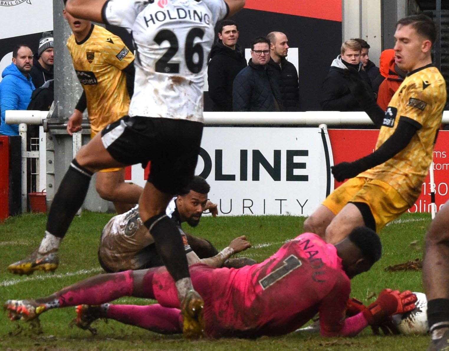 Keeper Daniel Jinadu, pictured in action in Dover’s derby defeat at home to Maidstone, has returned to parent club Maidenhead. Picture: Steve Terrell