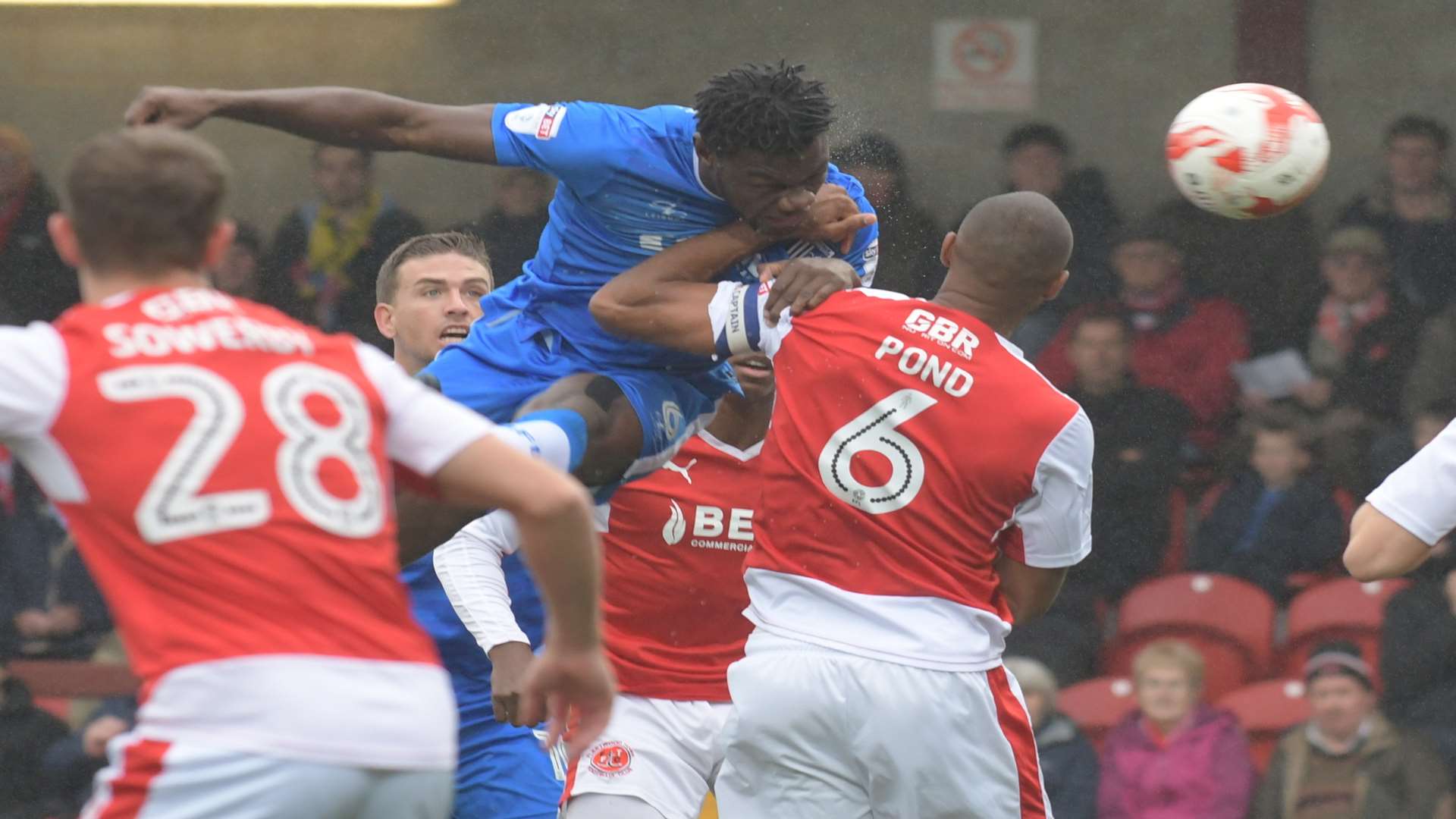 Deji Oshilaja heads for goal Picture: Barry Goodwin