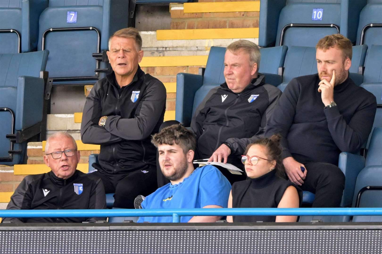 Gillingham’s recruitment department including Andy Hessenthaler and Kenny Jackett watch Saturday’s game Picture: Keith Gillard
