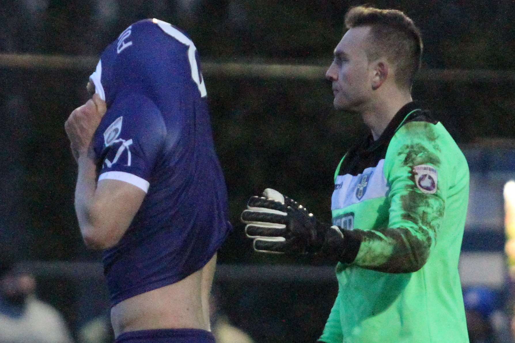 Margate's Lewis Taylor covers his head after his last-minute penalty miss against Bishop's Stortford. The keeper is Ross Fitzsimons. Picture: Don Walker