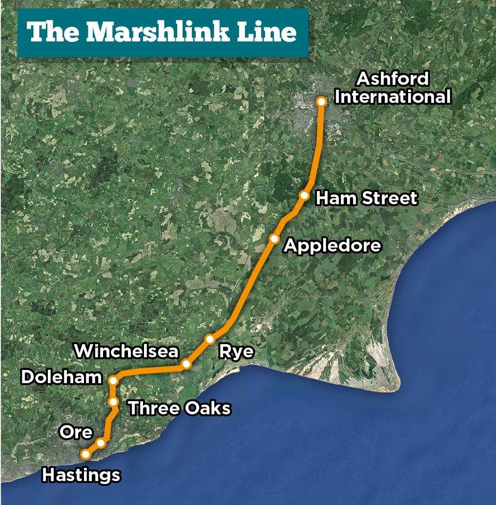 The route of the Marshlink line between Ashford International and Hastings