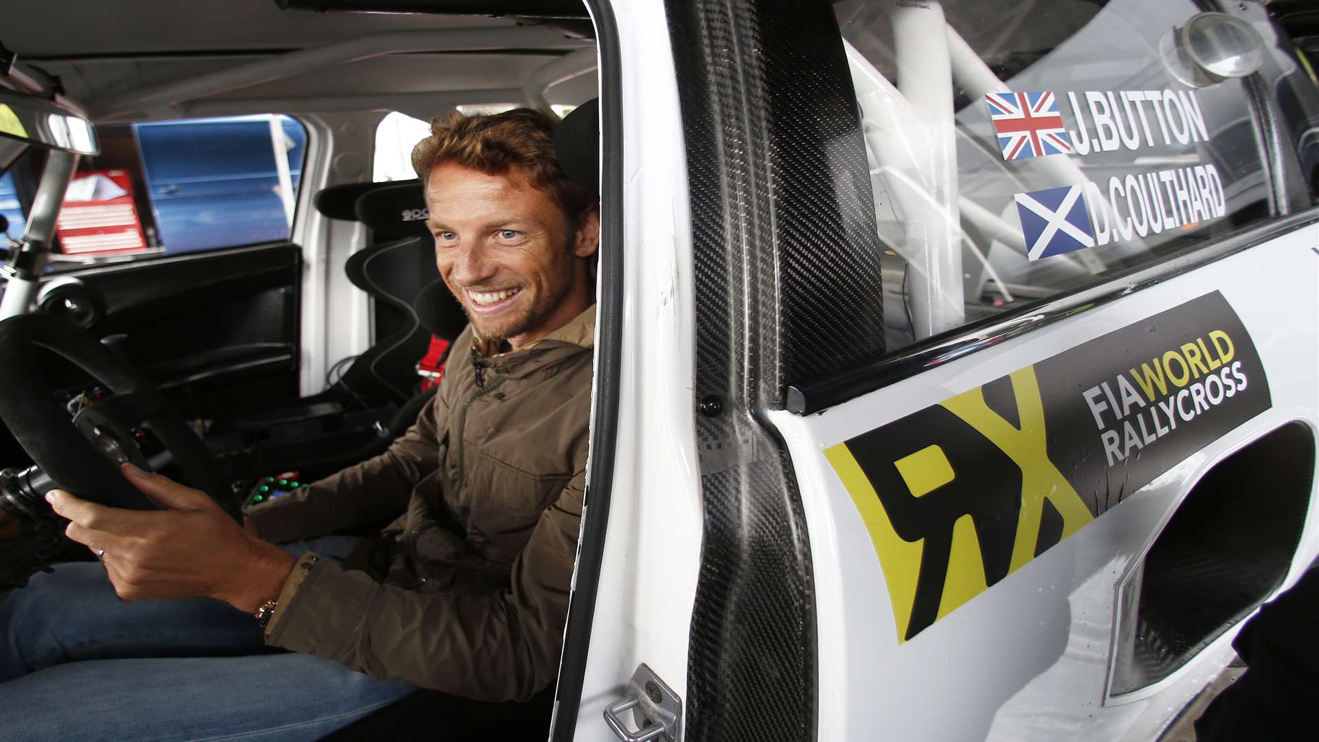 Jenson Button gets comfy in the 500bhp FIA World Rallycross supercar