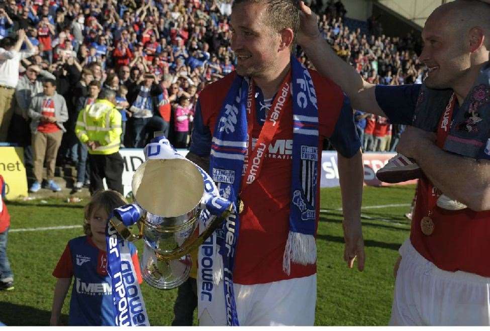 Danny Kedwell at Priestfield after winning the League 2 trophy in 2013