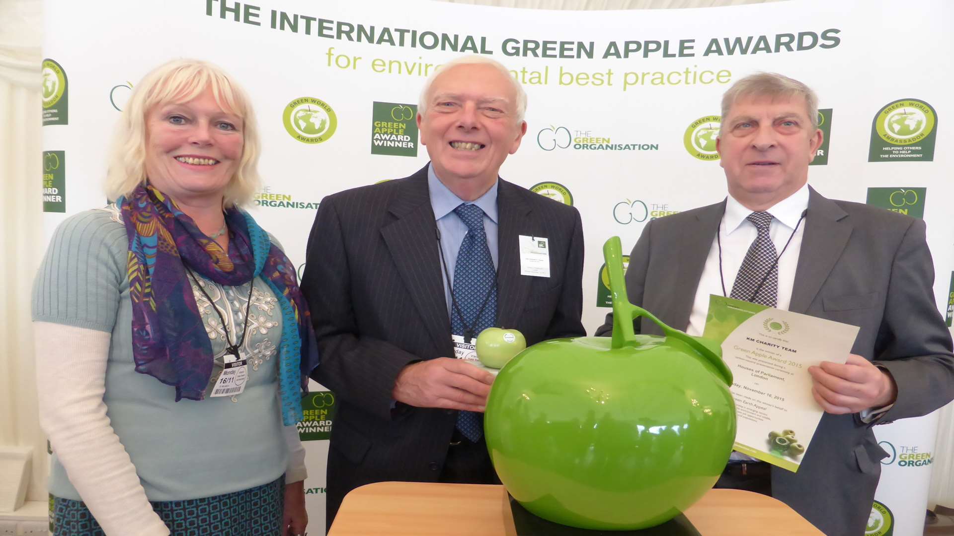 The KM Charity Team received its fifth Green Apple Award collected by trustees Gill Delahunty, Martin Vye and Alan Albert at the Houses of Parliament.