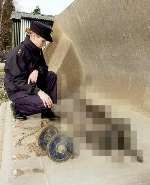 RSPCA inspector Charlotte Eyden beside the bodyof the Labrador which has been obscured