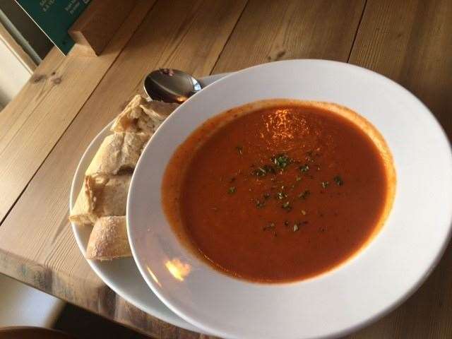 Tomato and red pepper soup with baguette and butter, wonderfully simple but spectacularly tasty