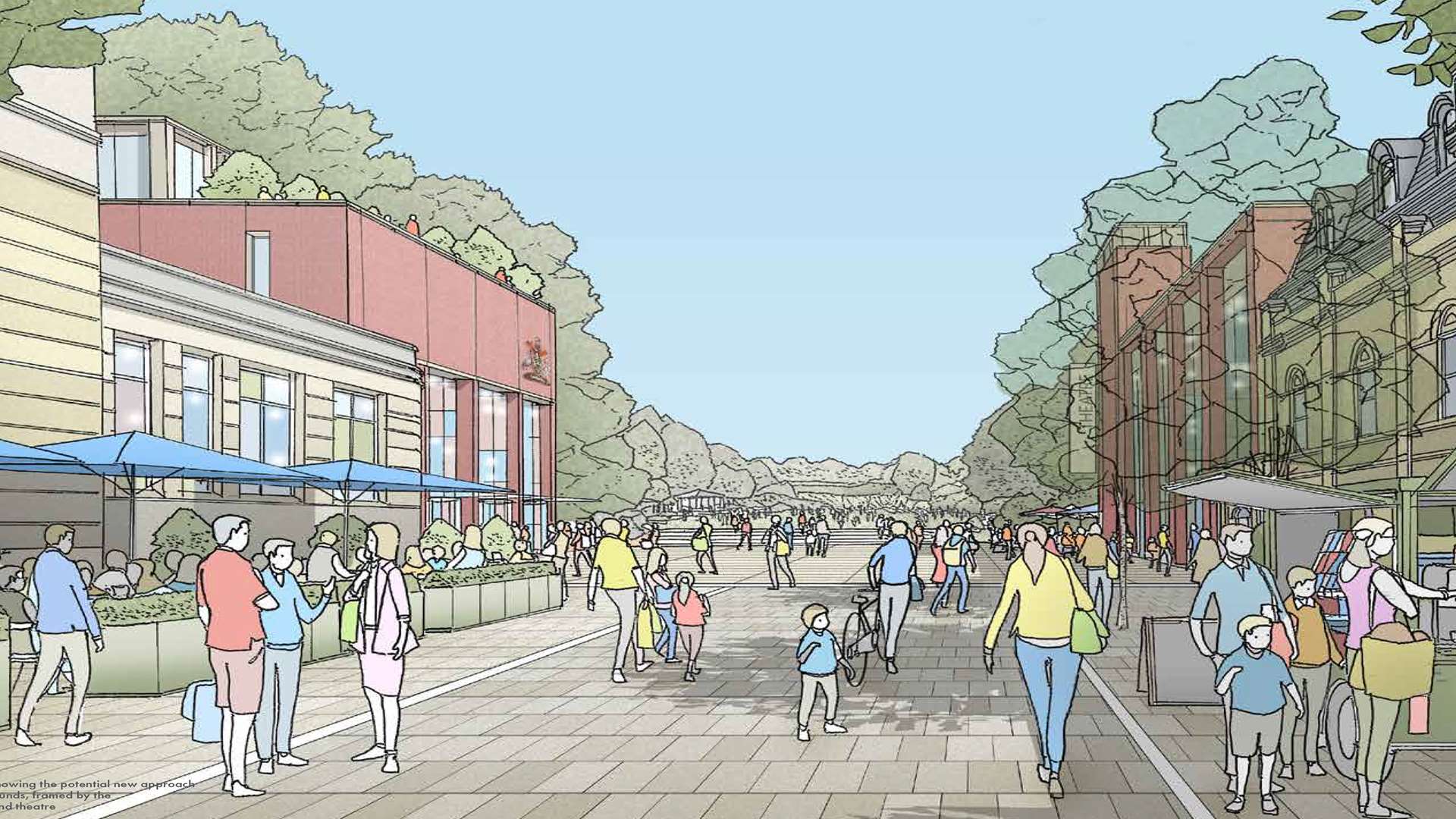 Artist's illustration showing the potential new approach to the Calverley Grounds, framed by the new council office and theatre. Picture: Bilfinger GVA