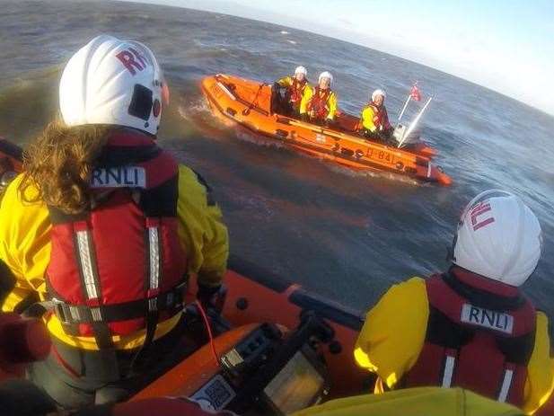 The Whitstable lifeboat crew liaise with the crew of the Margate D class lifeboat offshore from Bishopstone during operation on Wednesday afternoon. Picture: RNLI Whitstable